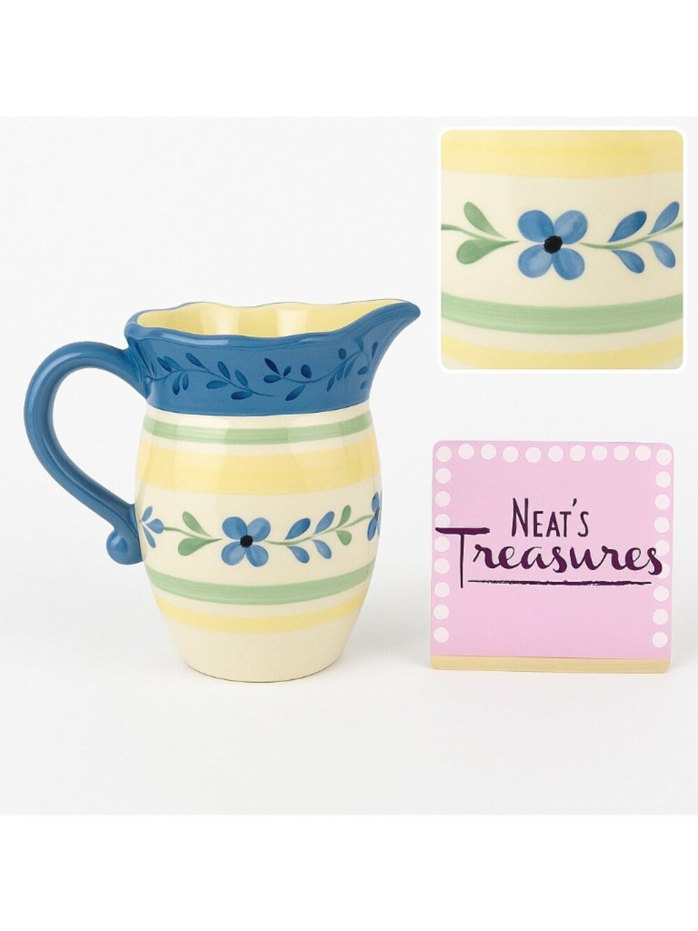 Pfaltzgraff SUMMER BREEZE Stoneware Blue Flower Yellow Scalloped Creamer Pitcher